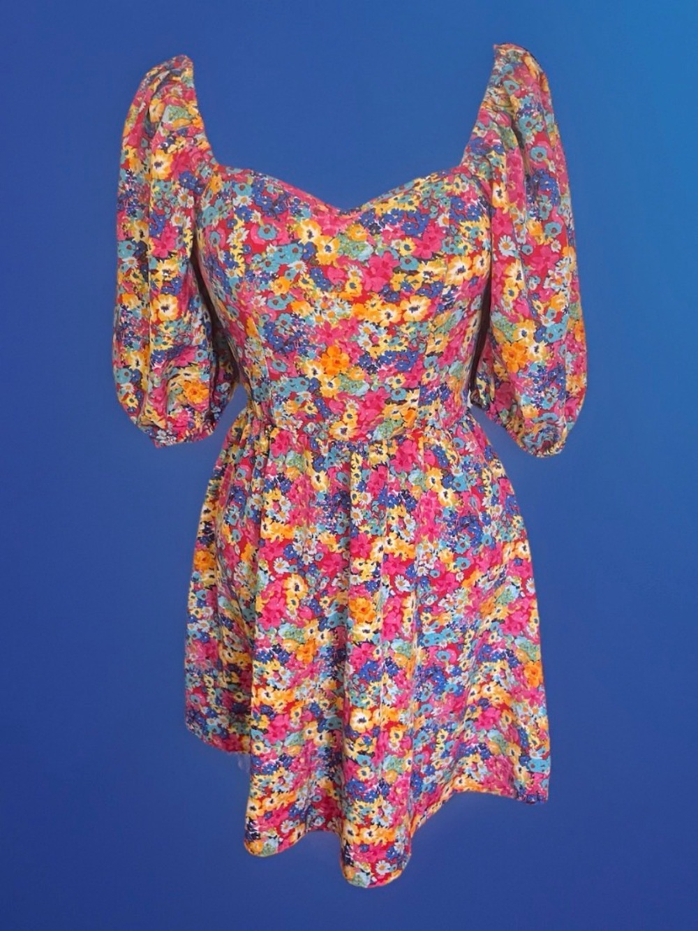 SHEIN Floral Mini Dress Women's Sz Small Sweetheart Neck Puff Sleeve Boho Summer